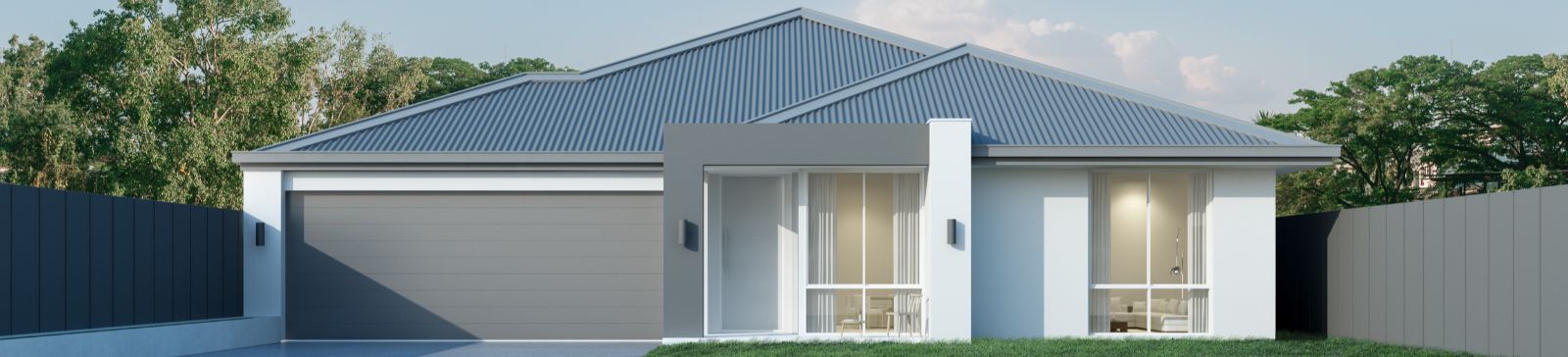 Contemporary single-story Fountain Valley home with a sleek, gray garage door and manicured lawn
