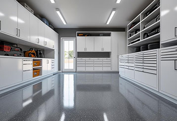 Spacious, modern garage featuring white custom cabinets, organized shelving, and a glossy epoxy floor—showcasing 2025 garage organization trends