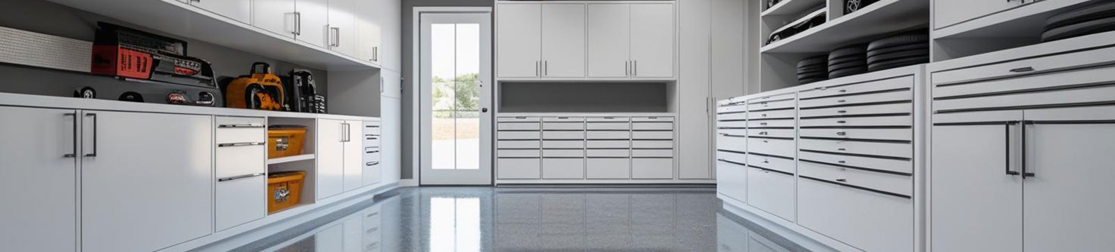 Spacious, modern garage featuring white custom cabinets, organized shelving, and a glossy epoxy floor—showcasing 2025 garage organization trends