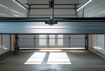 Close-up of a sleek, metallic roll-up garage door coiled above the entrance in a bright, modern garage