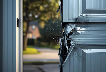 Close-up of a cracked and shattered garage door panel, highlighting the aftermath of a garage door accident in a residential neighborhood