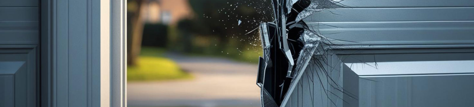 Close-up of a cracked and shattered garage door panel, highlighting the aftermath of a garage door accident in a residential neighborhood