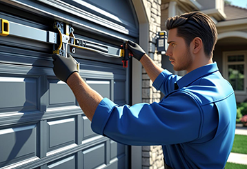 Professional technician adjusting a residential garage door mechanism with specialized tools outside a Fountain Valley home