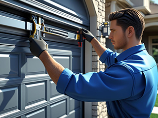 Professional technician adjusting a residential garage door mechanism with specialized tools outside a Fountain Valley home