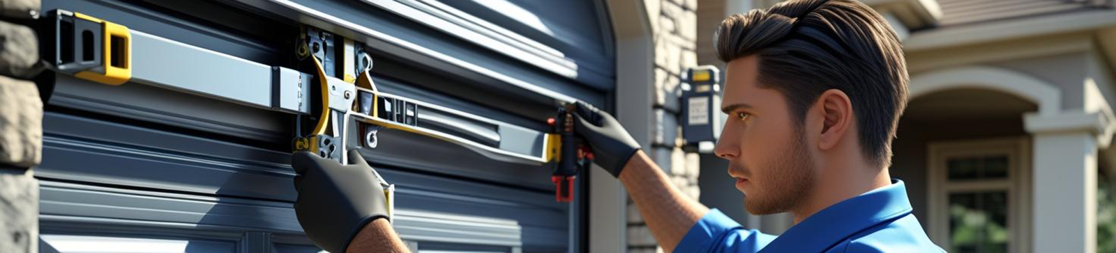 Professional technician adjusting a residential garage door mechanism with specialized tools outside a Fountain Valley home