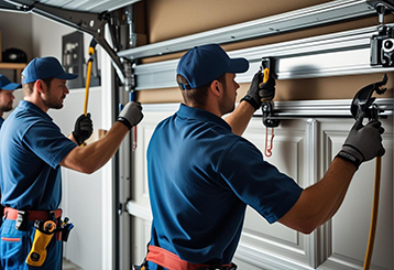 Technicians in blue uniforms performing garage door repairs with specialized tools in a residential garage in Fountain Valley