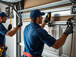 Technicians in blue uniforms performing garage door repairs with specialized tools in a residential garage in Fountain Valley