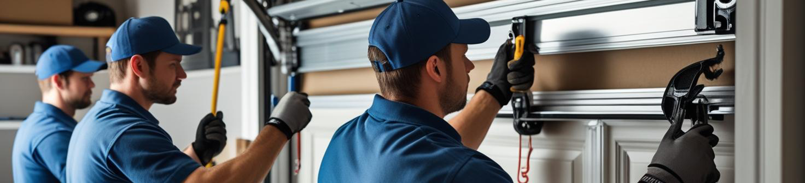 Technicians in blue uniforms performing garage door repairs with specialized tools in a residential garage in Fountain Valley