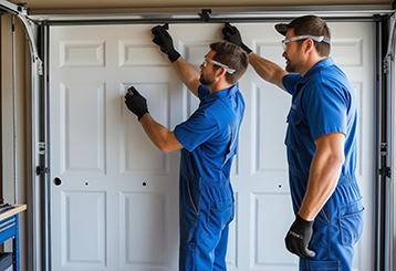 Two technicians in blue uniforms installing a new white garage door in a residential garage in Fountain Valley, CA