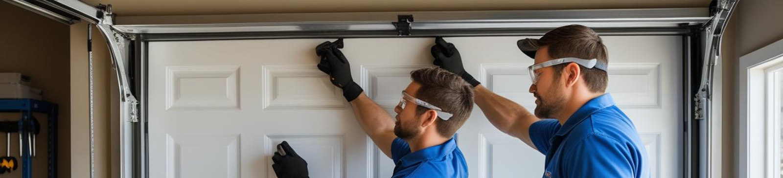 Two technicians in blue uniforms installing a new white garage door in a residential garage in Fountain Valley, CA