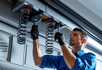 Garage door technician adjusting torsion springs on a residential garage door mechanism in Fountain Valley, CA