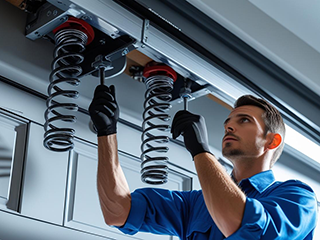 Garage door technician adjusting torsion springs on a residential garage door mechanism in Fountain Valley, CA