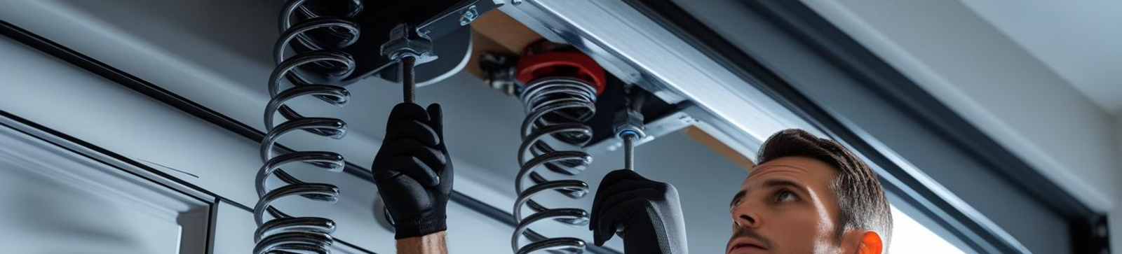 Garage door technician adjusting torsion springs on a residential garage door mechanism in Fountain Valley, CA