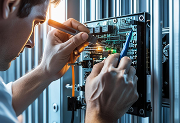 Close-up of a technician working on a gate’s electronic control board with specialized tools, ensuring reliable gate operation in Fountain Valley