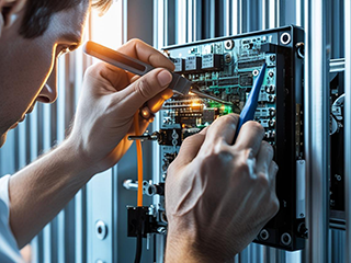 Technician Repairing Gate Access Control System in Fountain Valley Close-up of a technician working on a gate’s electronic control board with specialized tools, ensuring reliable gate operation in Fountain Valley