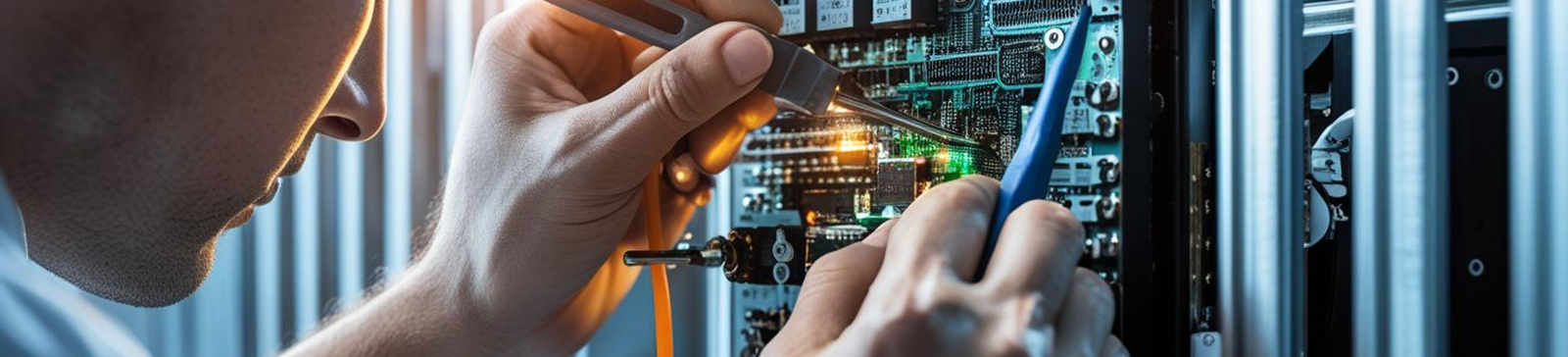 Close-up of a technician working on a gate’s electronic control board with specialized tools, ensuring reliable gate operation in Fountain Valley