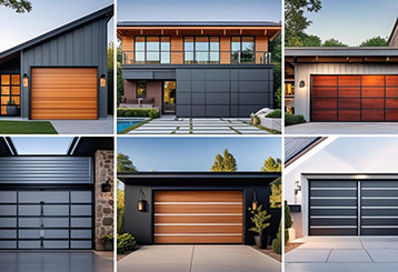 Collage of six contemporary garage doors in various styles and materials, showcasing modern and classic designs on residential homes
