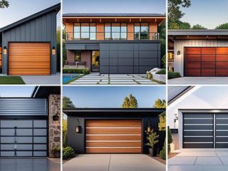 Collage of six contemporary garage doors in various styles and materials, showcasing modern and classic designs on residential homes