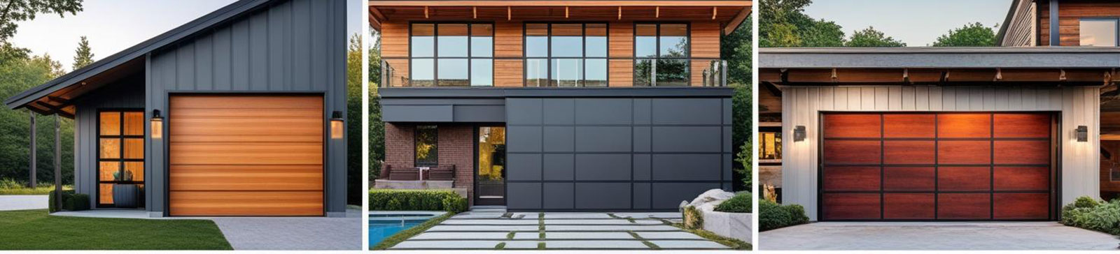 Collage of six contemporary garage doors in various styles and materials, showcasing modern and classic designs on residential homes