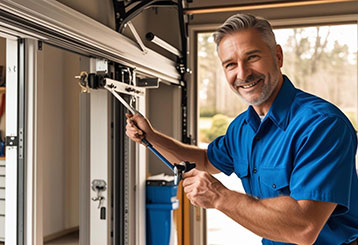 Garage door technician in a blue uniform using specialized tools to repair a residential garage door mechanism inside a well-organized garage