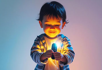 Young child in a striped jacket holding a garage door remote control with a glowing light, emphasizing the importance of keeping remotes out of children’s reach