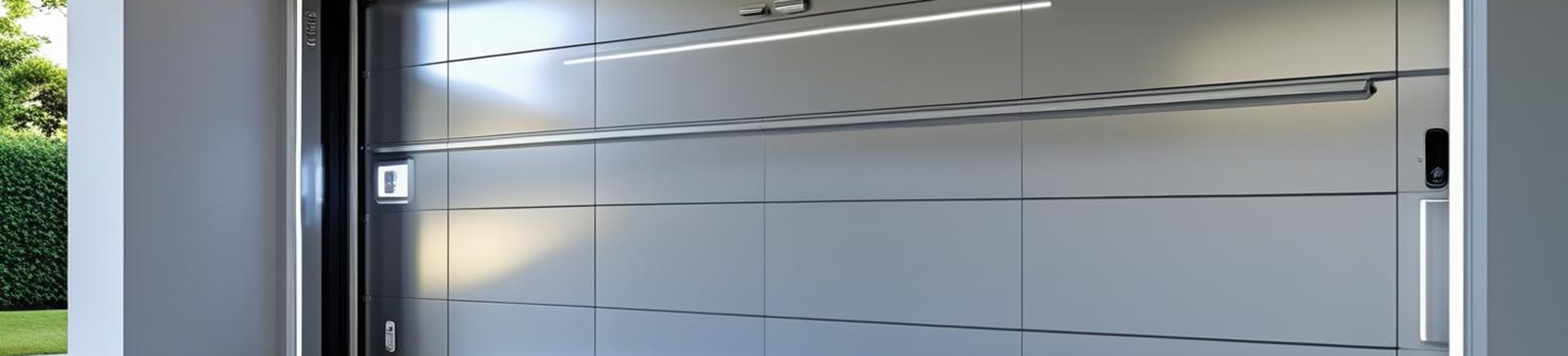 Wide-angle view of a newly installed high-tech garage door with sleek panels and integrated LED lighting in a Fountain Valley home
