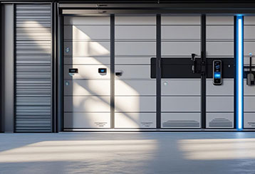 Modern garage doors featuring sleek panels, integrated smart access controls, and illuminated security features in a contemporary home setting