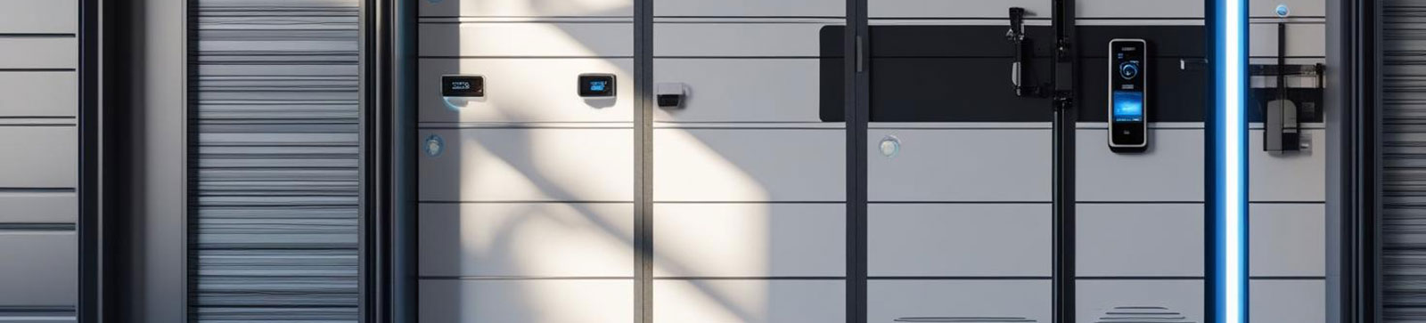 Modern garage doors featuring sleek panels, integrated smart access controls, and illuminated security features in a contemporary home setting