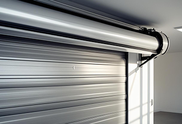 Close-up view of a partially open modern roll up garage door in a clean, sunlit residential garage in Fountain Valley, CA