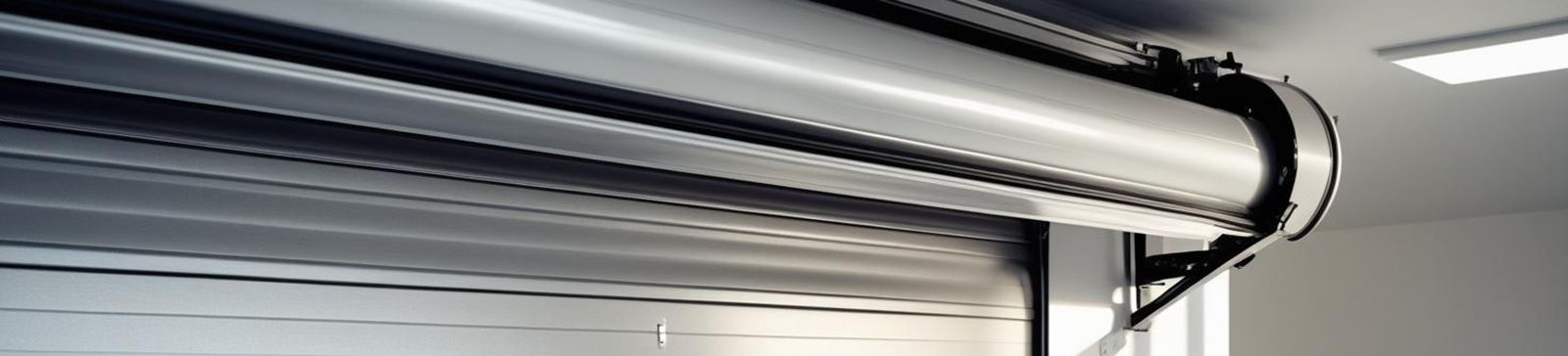 Close-up view of a partially open modern roll up garage door in a clean, sunlit residential garage in Fountain Valley, CA